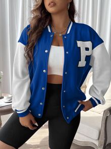 Flirla Cazadora de universidad con parche de letra ribete de rayas de hombros caídos - Azul y blanco - Ver 5