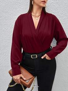 Celure Plus Surplice Neck Solid Blouse - Burgundy - View 1
