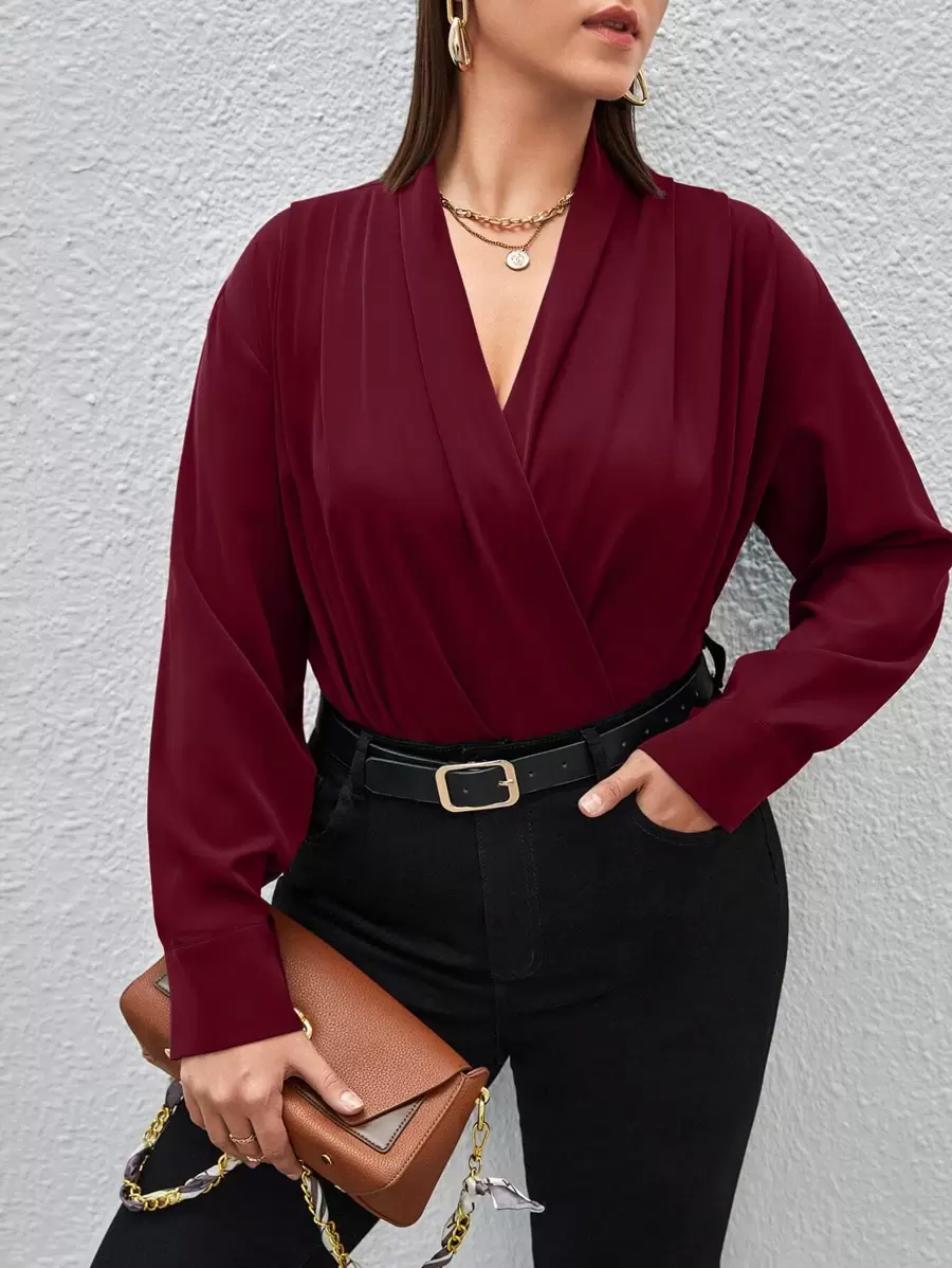 Celure Plus Surplice Neck Solid Blouse - Burgundy - View 1