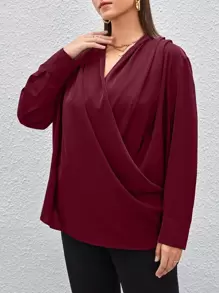 Celure Plus Surplice Neck Solid Blouse - Burgundy - View 3