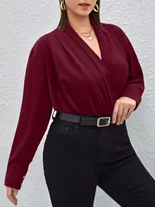 Celure Plus Surplice Neck Solid Blouse - Burgundy - View 4