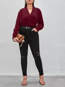 Celure Plus Surplice Neck Solid Blouse - Burgundy - View 5