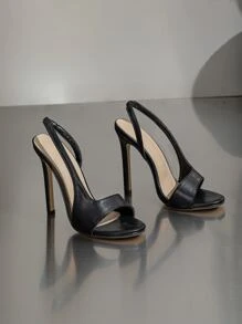Women Minimalist Stiletto Heeled Slingback Sandals, Elegant Black Heeled Sandals - Black - View 3