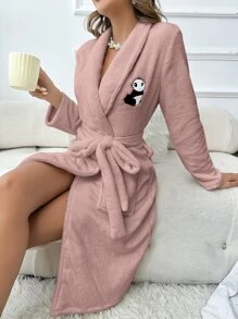 Panda Embroidery Shawl Collar Belted Flannel Sleep Fluffy Robe, Fall Winter, Cozy - Dusty Pink - View 1