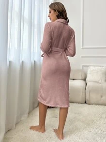 Panda Embroidery Shawl Collar Belted Flannel Sleep Fluffy Robe, Fall Winter, Cozy - Dusty Pink - View 2
