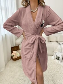 Panda Embroidery Shawl Collar Belted Flannel Sleep Fluffy Robe, Fall Winter, Cozy - Dusty Pink - View 3