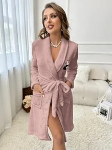 Panda Embroidery Shawl Collar Belted Flannel Sleep Fluffy Robe, Fall Winter, Cozy - Dusty Pink - View 4