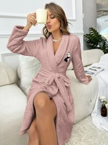Panda Embroidery Shawl Collar Belted Flannel Sleep Fluffy Robe, Fall Winter, Cozy - Dusty Pink - View 6