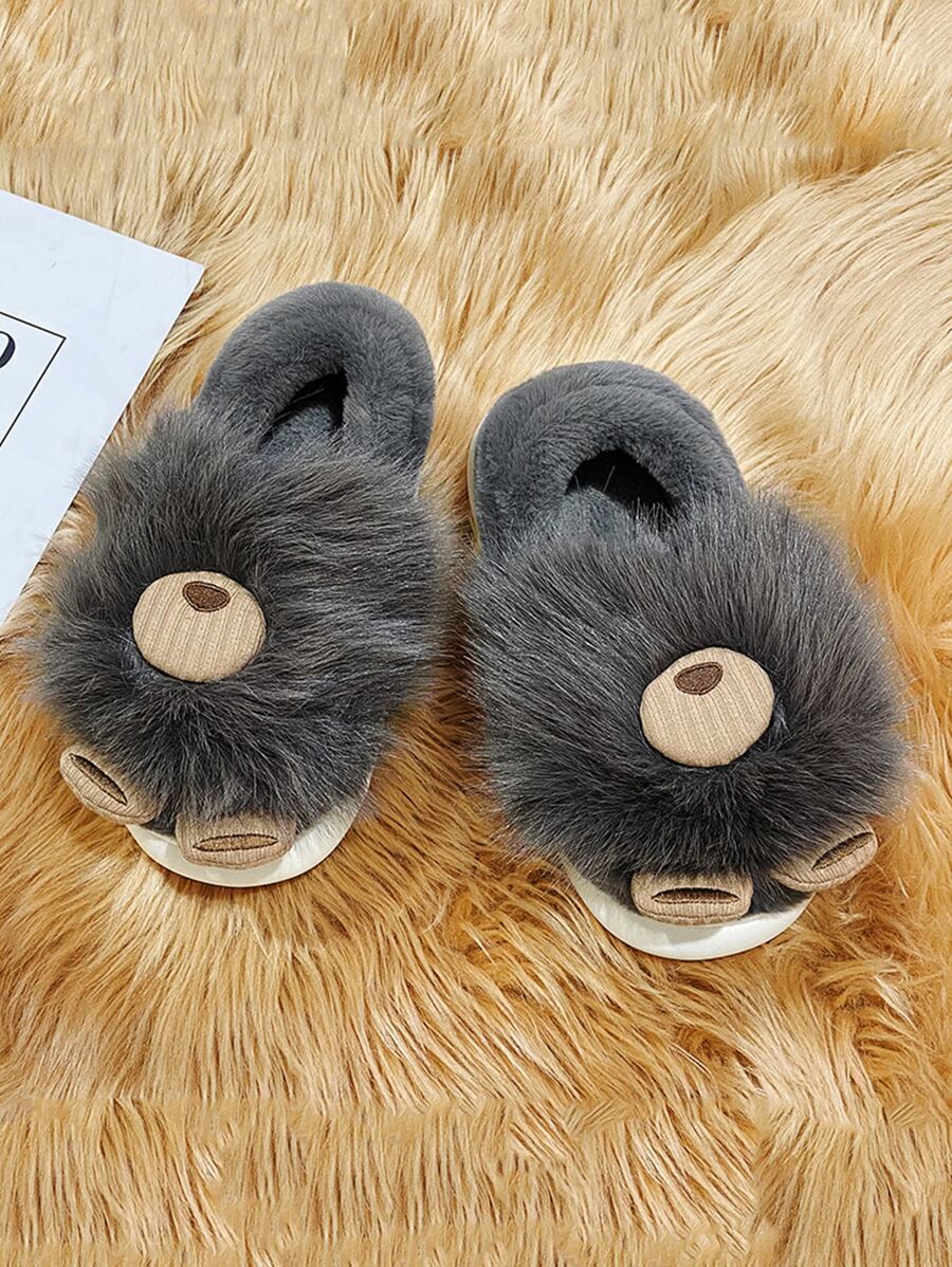 Men Cartoon Design Fluffy Novelty Slippers - Grey - View 1