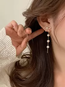 Rhinestone Bow & Faux Pearl Charm Earring Jackets Valentines,Mom,Mother,Mother's Day,Gift - Yellow Gold - View 2