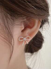 Rhinestone Bow & Faux Pearl Charm Earring Jackets Valentines,Mom,Mother,Mother's Day,Gift - Yellow Gold - View 5