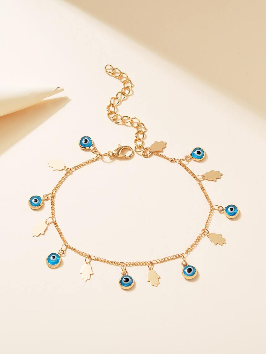 1pc Charming Glass Evil Eye & Palm Pendant Handmade Bracelet, Suitable For Women's Daily, Beach, Party Wear - Yellow Gold - View 1