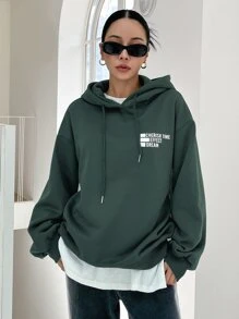 DAZY 字母图案落肩抽绳连帽衫、长袖上衣、秋季女装运动衫 - 墨綠色 - 查看 2