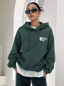DAZY 字母图案落肩抽绳连帽衫、长袖上衣、秋季女装运动衫 - 墨綠色 - 查看 3