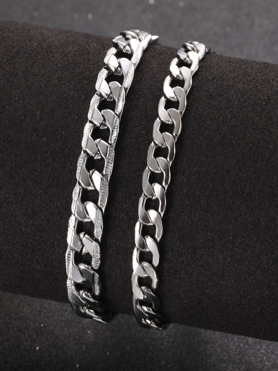 2入組男士極簡風格扣環手鏈 - 銀色 - 查看 1