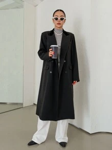 DAZY Lapel Neck Double Breasted Coat - Black - View 3