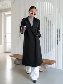 DAZY Lapel Neck Double Breasted Coat - Black - View 5