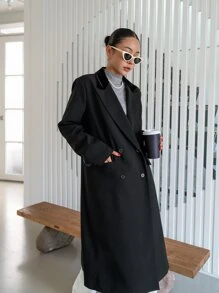 DAZY Lapel Neck Double Breasted Coat - Black - View 1