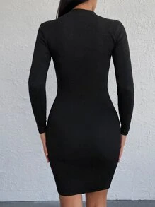 Cottnline Solid Mock Neck Bodycon Dress - Black - View 2