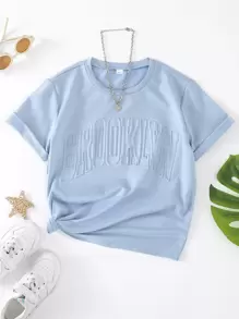 SHEIN Tween Girl 1pc Letter Textured Tee - Blue - View 1