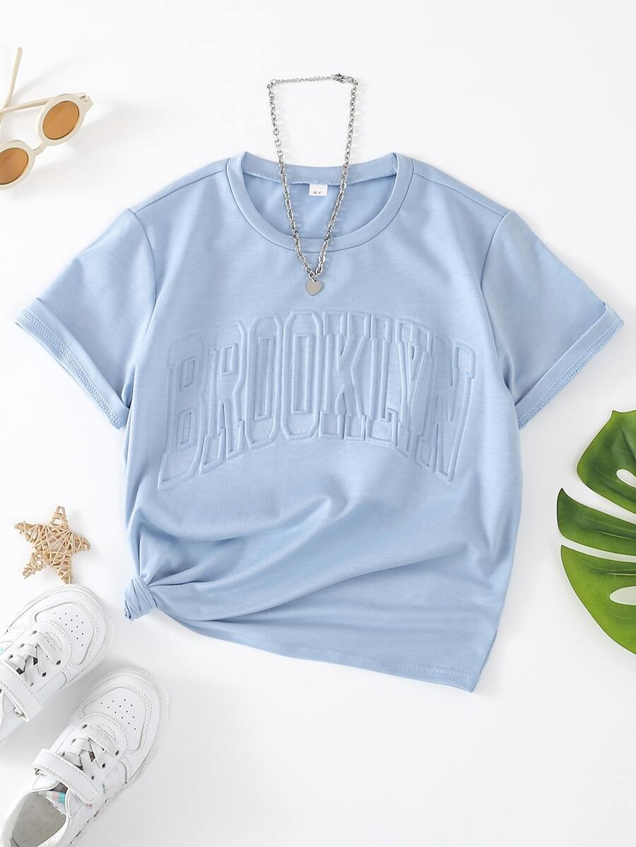 SHEIN Tween Girl 1pc Letter Textured Tee - Blue - View 1