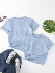 SHEIN Tween Girl 1pc Letter Textured Tee - Blue - View 6