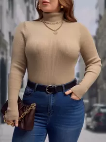 SHEIN Clasi Áo len cổ lọ dệt kim gân, thích hợp cho mùa đông, mùa thu. - Màu nâu  Mocha - Xem 1