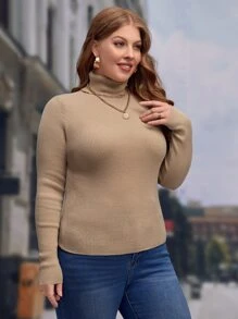 SHEIN Clasi Áo len cổ lọ dệt kim gân, thích hợp cho mùa đông, mùa thu. - Màu nâu  Mocha - Xem 4