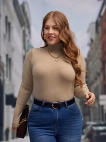 SHEIN Clasi Áo len cổ lọ dệt kim gân, thích hợp cho mùa đông, mùa thu. - Màu nâu  Mocha - Xem 5