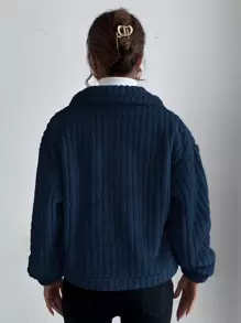 SHEIN Frenchy Drop Shoulder Button Front Flannel Jacket Winter Casual Blue - Navy Blue - View 2