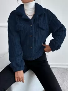 SHEIN Frenchy Drop Shoulder Button Front Flannel Jacket Winter Casual Blue - Navy Blue - View 3