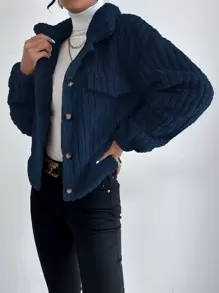 SHEIN Frenchy Drop Shoulder Button Front Flannel Jacket Winter Casual Blue - Navy Blue - View 4