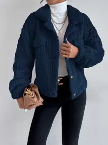 SHEIN Frenchy Drop Shoulder Button Front Flannel Jacket Winter Casual Blue - Navy Blue - View 5