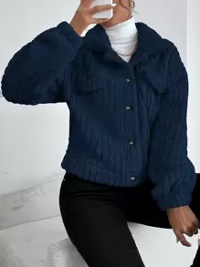 SHEIN Frenchy Drop Shoulder Button Front Flannel Jacket Winter Casual Blue - Navy Blue - View 6