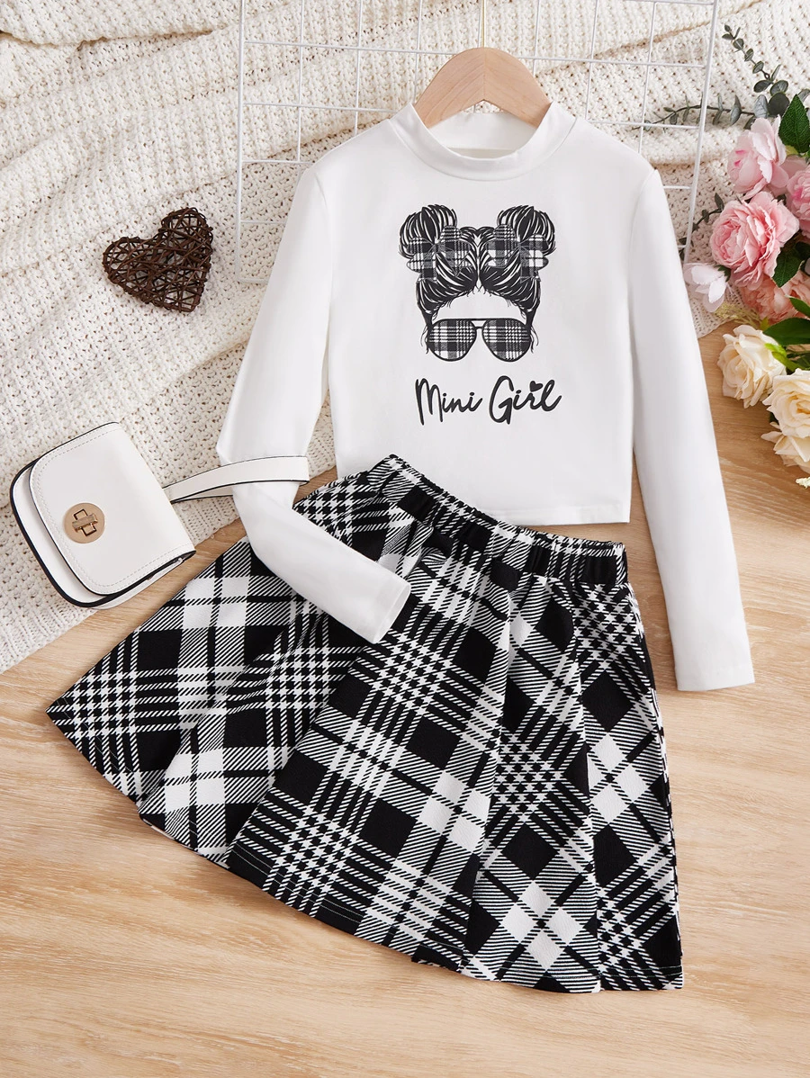SHEIN Girls Letter And Figure Graphic Tee & Plaid Skirt - Black and White - View 1