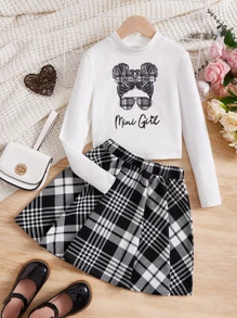 SHEIN Girls Letter And Figure Graphic Tee & Plaid Skirt - Black and White - View 3