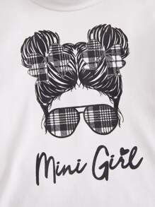 SHEIN Girls Letter And Figure Graphic Tee & Plaid Skirt - Black and White - View 4