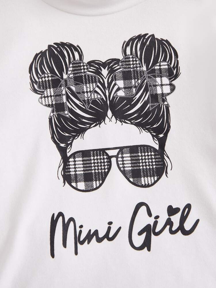 SHEIN Girls Letter And Figure Graphic Tee & Plaid Skirt - Black and White - View 4