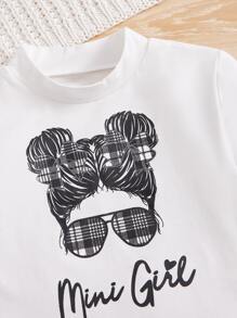 SHEIN Girls Letter And Figure Graphic Tee & Plaid Skirt - Black and White - View 5