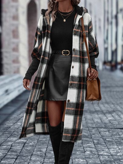 Plaid Print Button Front Hooded Coat