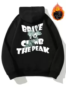 Manfinity 男士標語印花抽繩保暖連帽衫 - 黑色 - 查看 1