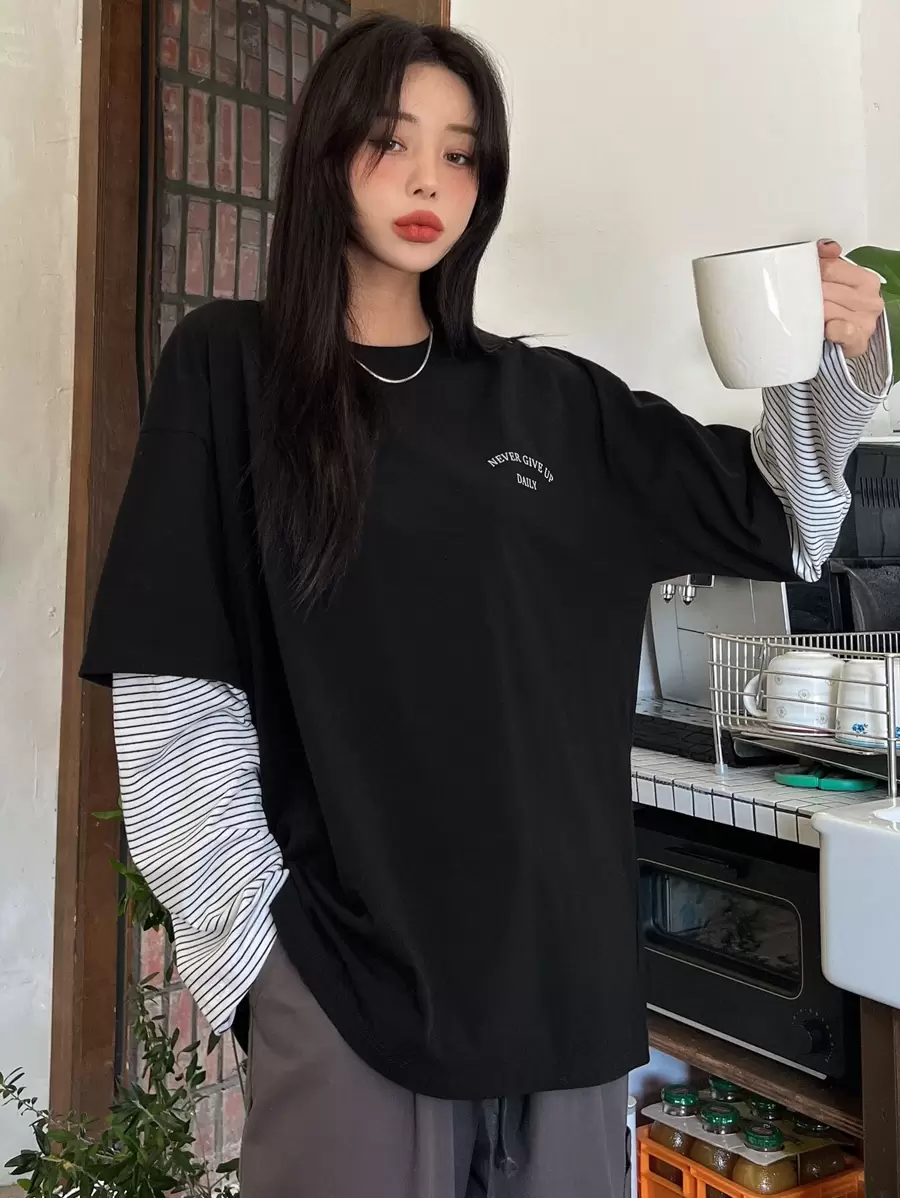 DAZY Striped & Letter Graphic Drop Shoulder Tee,Fall Clothes Long Sleeve Women Tops