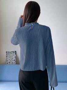 DAZY Frill Neck Keyhole Back Tee,Fall Clothes Long Sleeve Women Tops - Dusty Blue - View 2