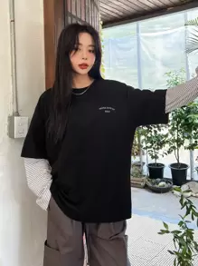 DAZY Striped & Letter Graphic Drop Shoulder Tee,Fall Clothes Long Sleeve Women Tops