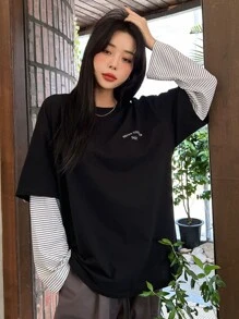 DAZY Striped & Letter Graphic Drop Shoulder Tee,Fall Clothes Long Sleeve Women Tops