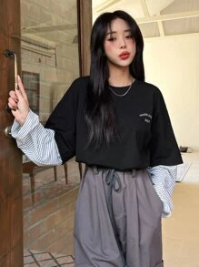 DAZY Striped & Letter Graphic Drop Shoulder Tee,Fall Clothes Long Sleeve Women Tops