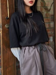 DAZY Striped & Letter Graphic Drop Shoulder Tee,Fall Clothes Long Sleeve Women Tops