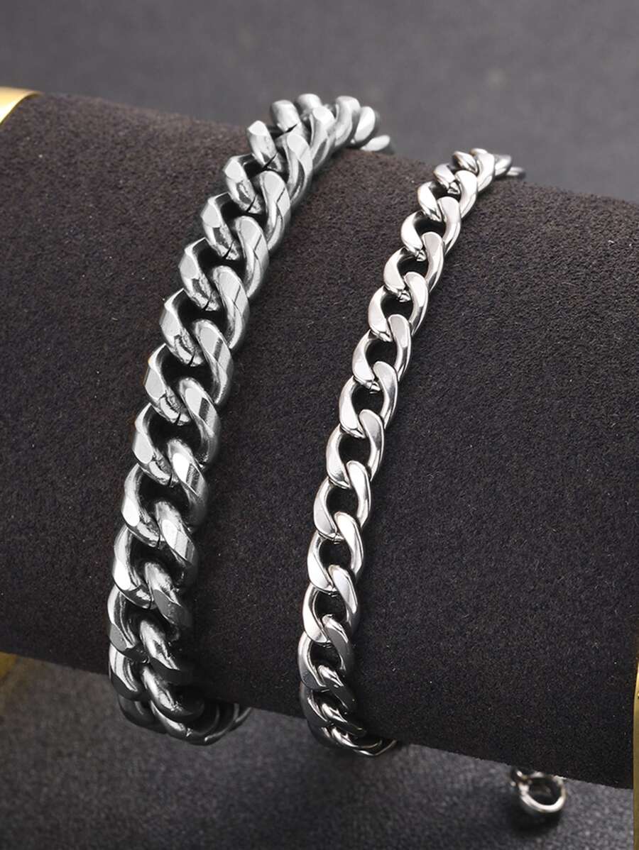Fashionable and Popular 2pcs Men Minimalist Chain Bracelet, Stainless Steel Jewelry for Jewelry Gift and for a Stylish Look - Silver - View 1