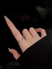 1 pieza anillo de cobre con decoración de estrellas y diamantes de imitación - Plateado - Ver 1