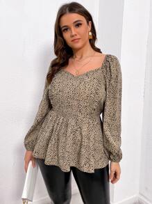 SHEIN LUNE Plus All Over Print Frill Trim Sweetheart Neck Blouse - Multicolor - View 1